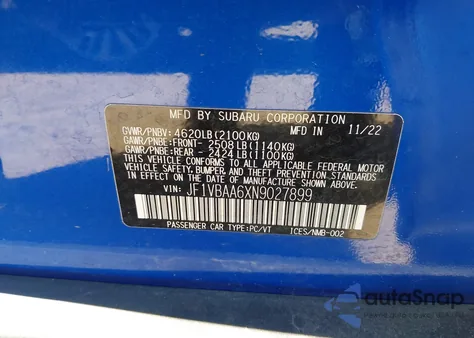 2022 Subaru Wrx z USA, uszkodzony, nr VIN JF1VBAA6XN9027899